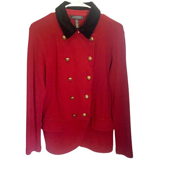 VTG LRL Sweater Blazer Red Military-Style Velvet Collar Gold Buttons L Preppy - Picture 10 of 14